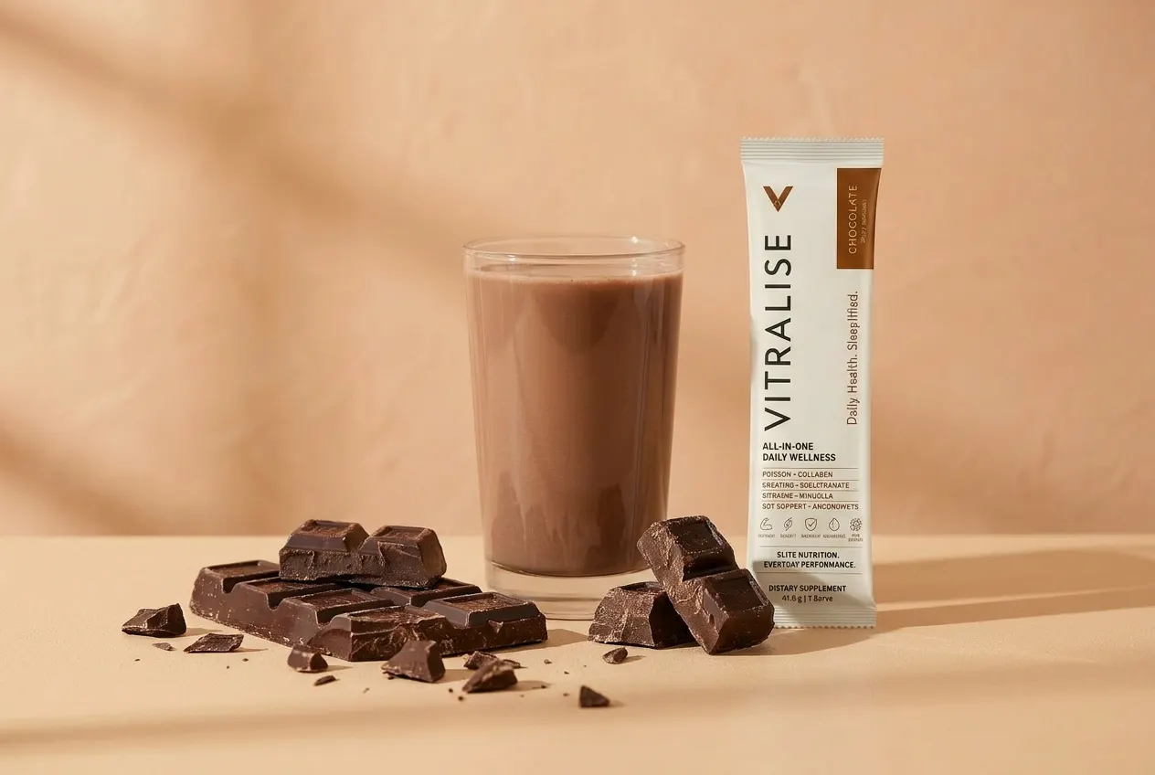 A glass of mixed Vitralise chocolate sachet